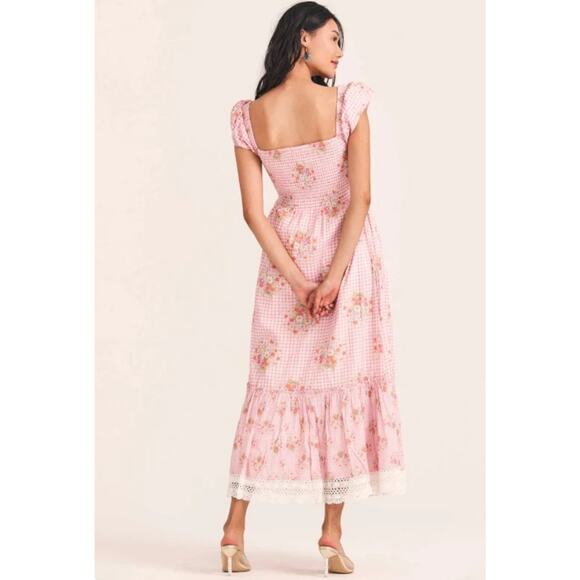 LOVESHACKFANCY Emeka Cotton Maxi Tie Front Gingham Floral Dress Revolve M $495 - Picture 13 of 14